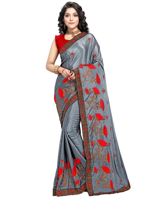 lace bordered embroidered saree with blouse - 17587433 - Standard Image - 1