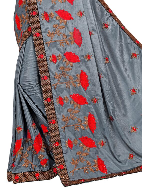 lace bordered embroidered saree with blouse - 17587433 - Zoom Image - 3