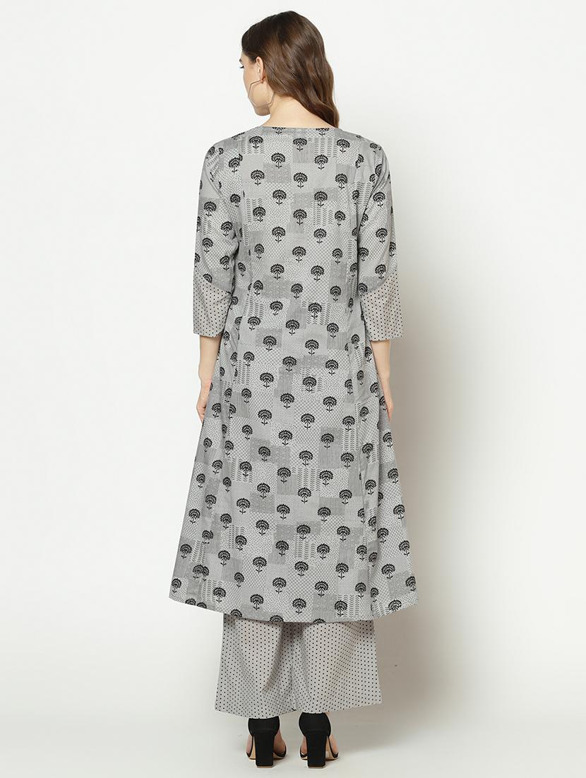 grey cotton kurta palazzo set - 17588126 - Zoom Image - 3