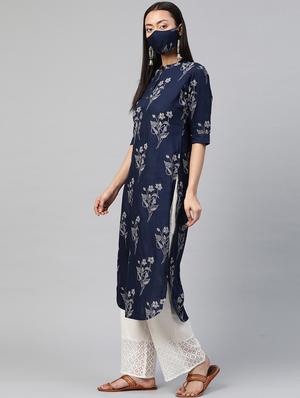 blue printed straight kurta - 17588654 - Standard Image - 3