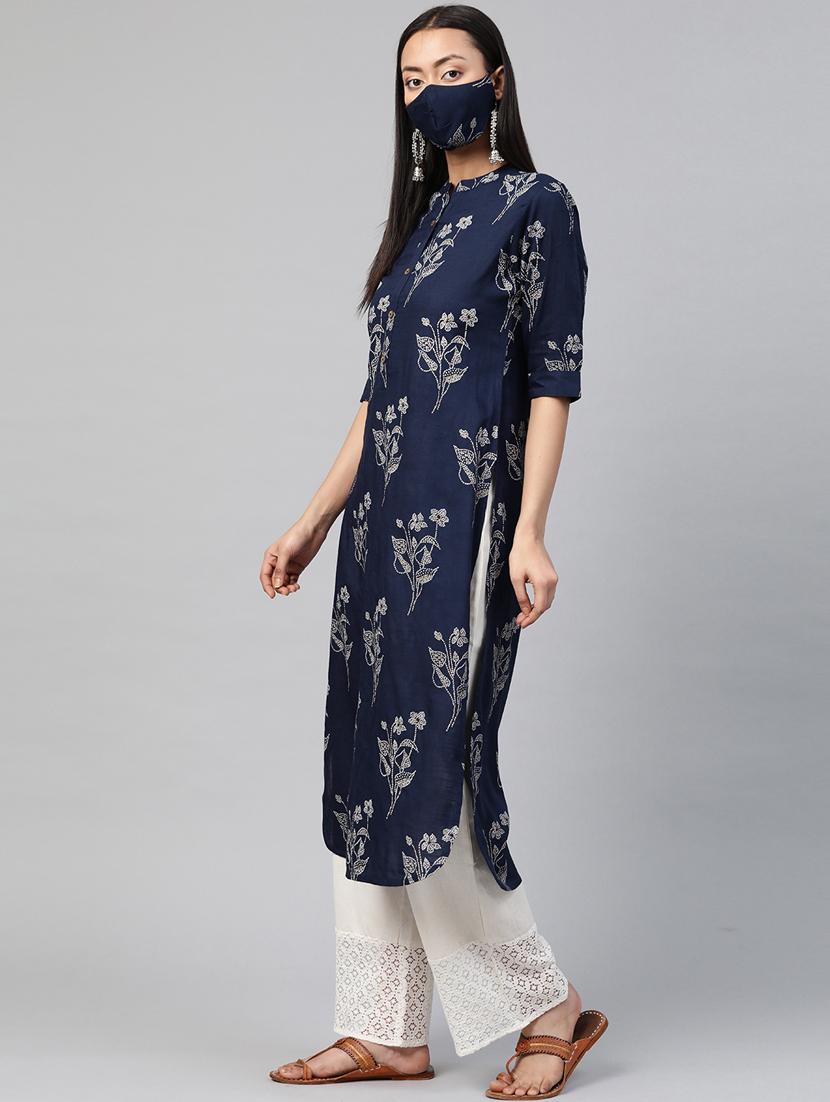 blue printed straight kurta - 17588654 - Zoom Image - 3