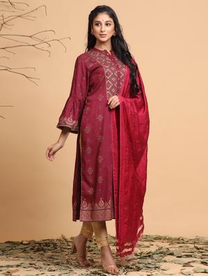 burgundy printed straight kurta set - 17588662 - Standard Image - 3
