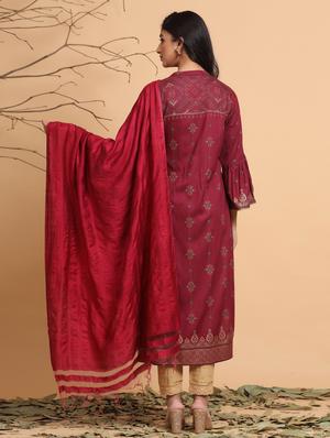 burgundy printed straight kurta set - 17588662 - Standard Image - 4