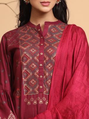 burgundy printed straight kurta set - 17588662 - Standard Image - 5