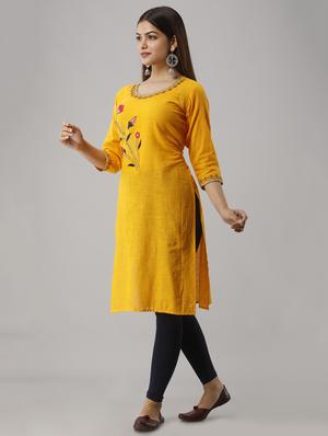 mustard embroidery straight kurta - 17591593 - Standard Image - 2