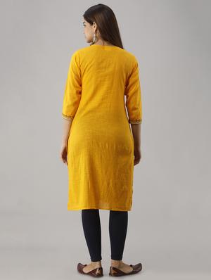 mustard embroidery straight kurta - 17591593 - Standard Image - 3