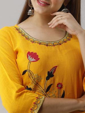 mustard embroidery straight kurta - 17591593 - Standard Image - 4