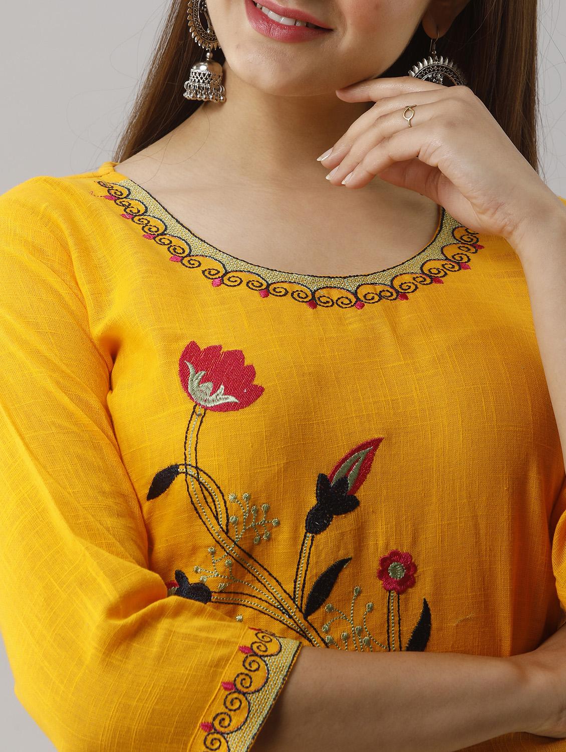 mustard embroidery straight kurta - 17591593 - Zoom Image - 4