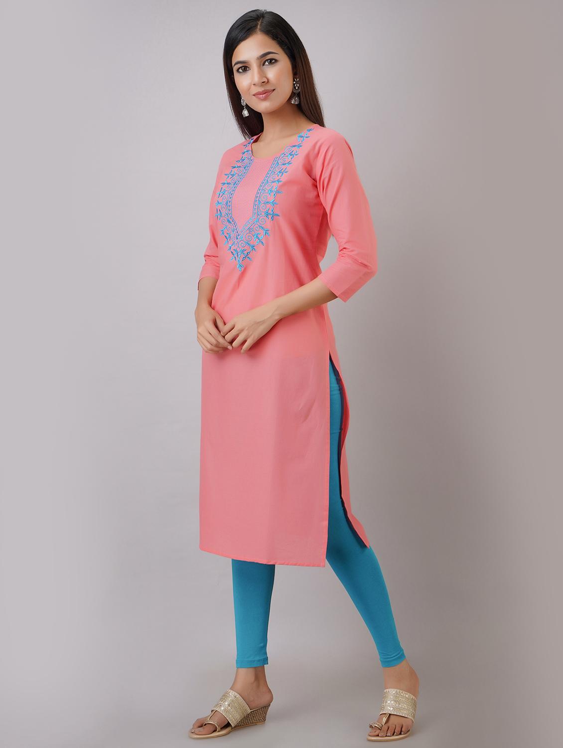 peach solid straight kurta - 17591596 - Zoom Image - 2