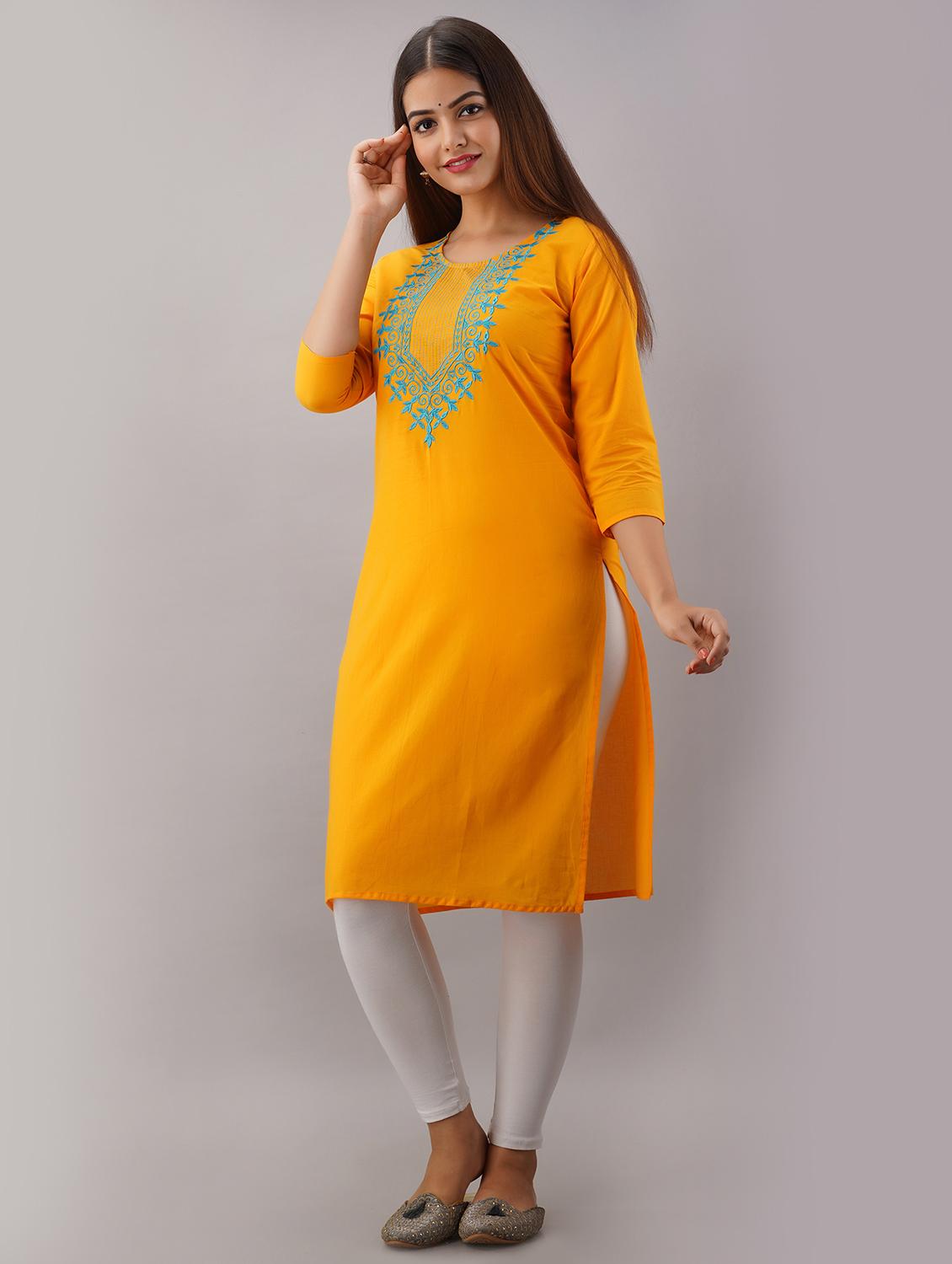 mustard solid straight kurta - 17591597 - Zoom Image - 2