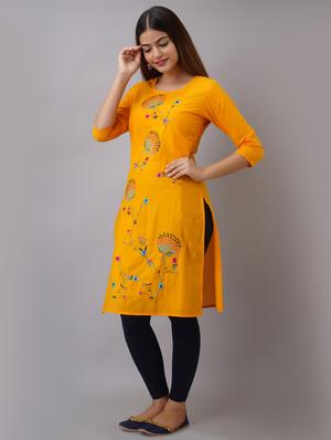 mustard embroidery straight kurta - 17591610 - Standard Image - 2