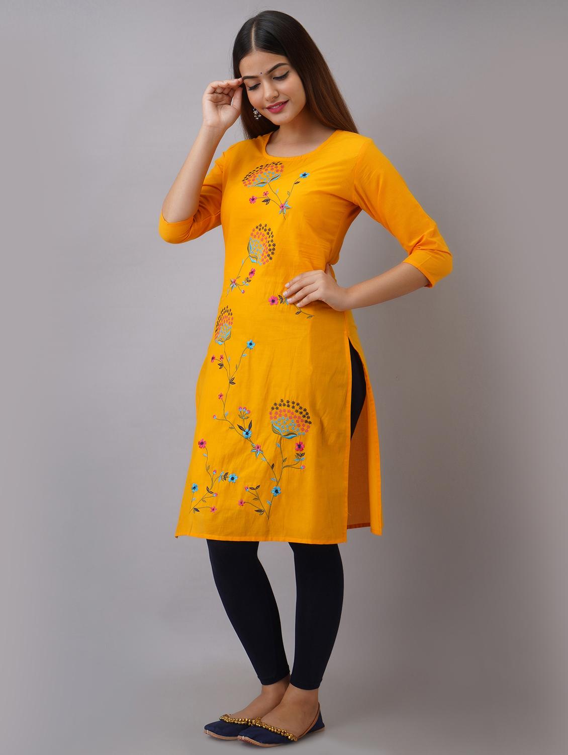 mustard embroidery straight kurta - 17591610 - Zoom Image - 2