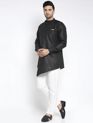 black solid asymmetric kurta pajama ethnic set - 17594258 - Standard Image - 2