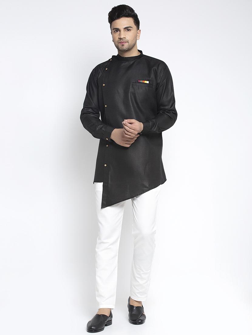 black solid asymmetric kurta pajama ethnic set - 17594258 - Zoom Image - 1