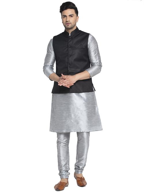 silver solid kurta pajama ethnic wear set with black nehru jacket - 17594271 - Standard Image - 1