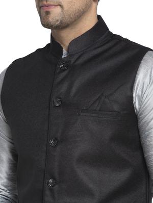 silver solid kurta pajama ethnic wear set with black nehru jacket - 17594271 - Standard Image - 4