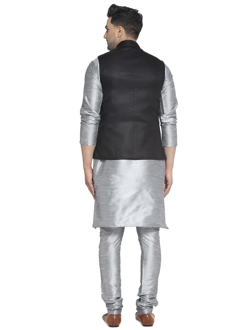 silver solid kurta pajama ethnic wear set with black nehru jacket - 17594271 - Zoom Image - 3