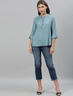 mandarin neck striped top - 17594469 - Standard Image - 4