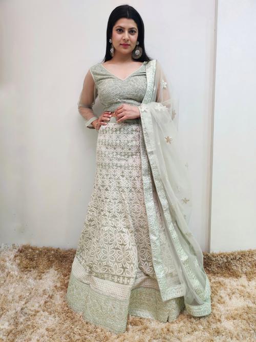 mint green embroidered lehenga - 17595032 - Standard Image - 1