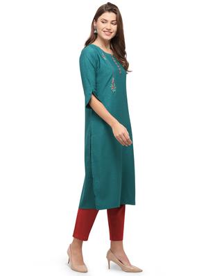 green solid straight kurta - 17595154 - Standard Image - 2