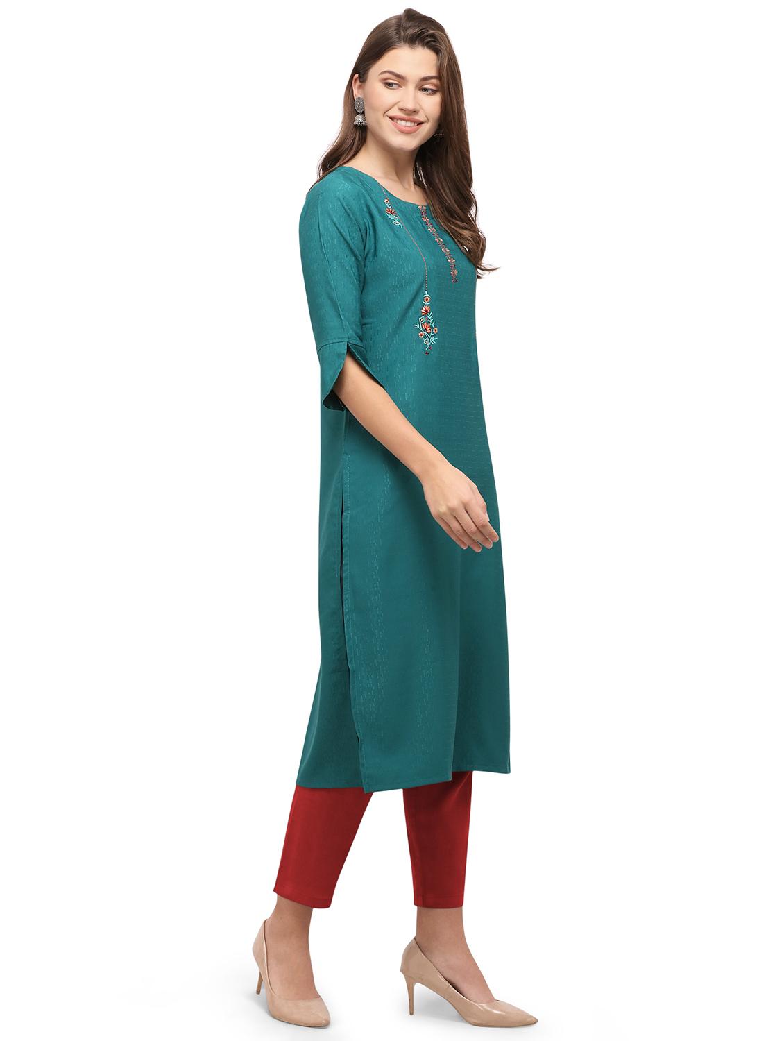 green solid straight kurta - 17595154 - Zoom Image - 2