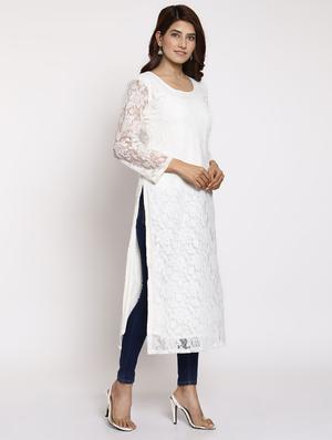 white solid straight kurta - 17595505 - Standard Image - 2