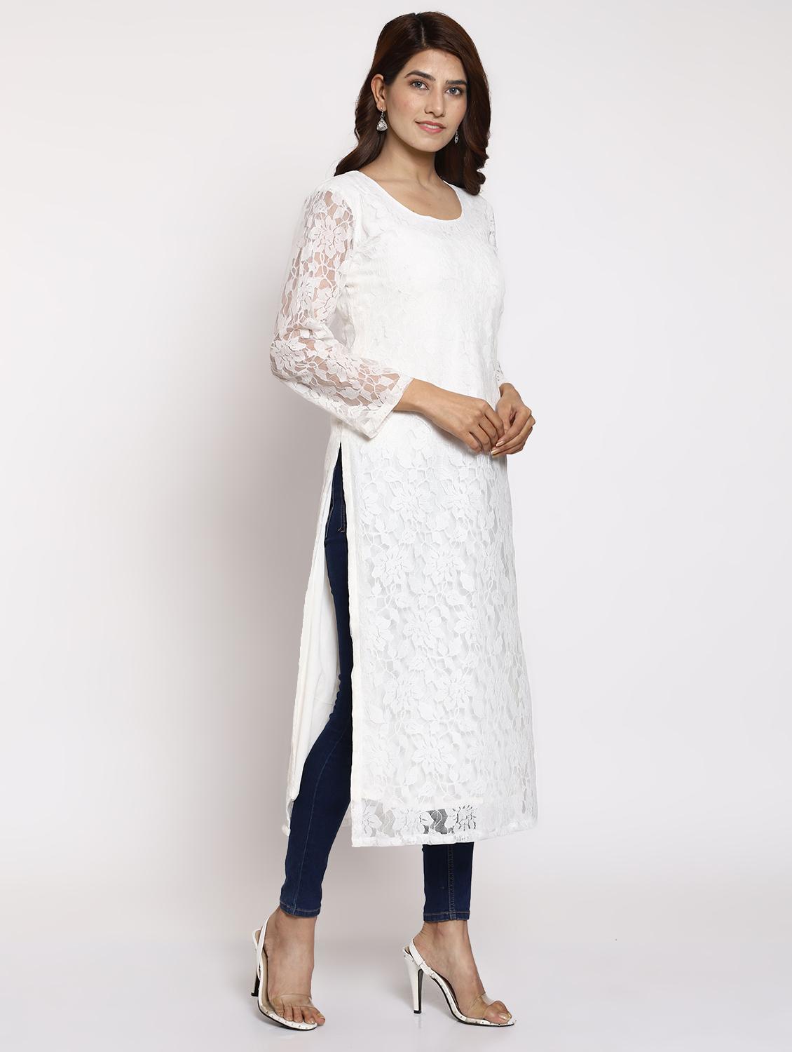 white solid straight kurta - 17595505 - Zoom Image - 2
