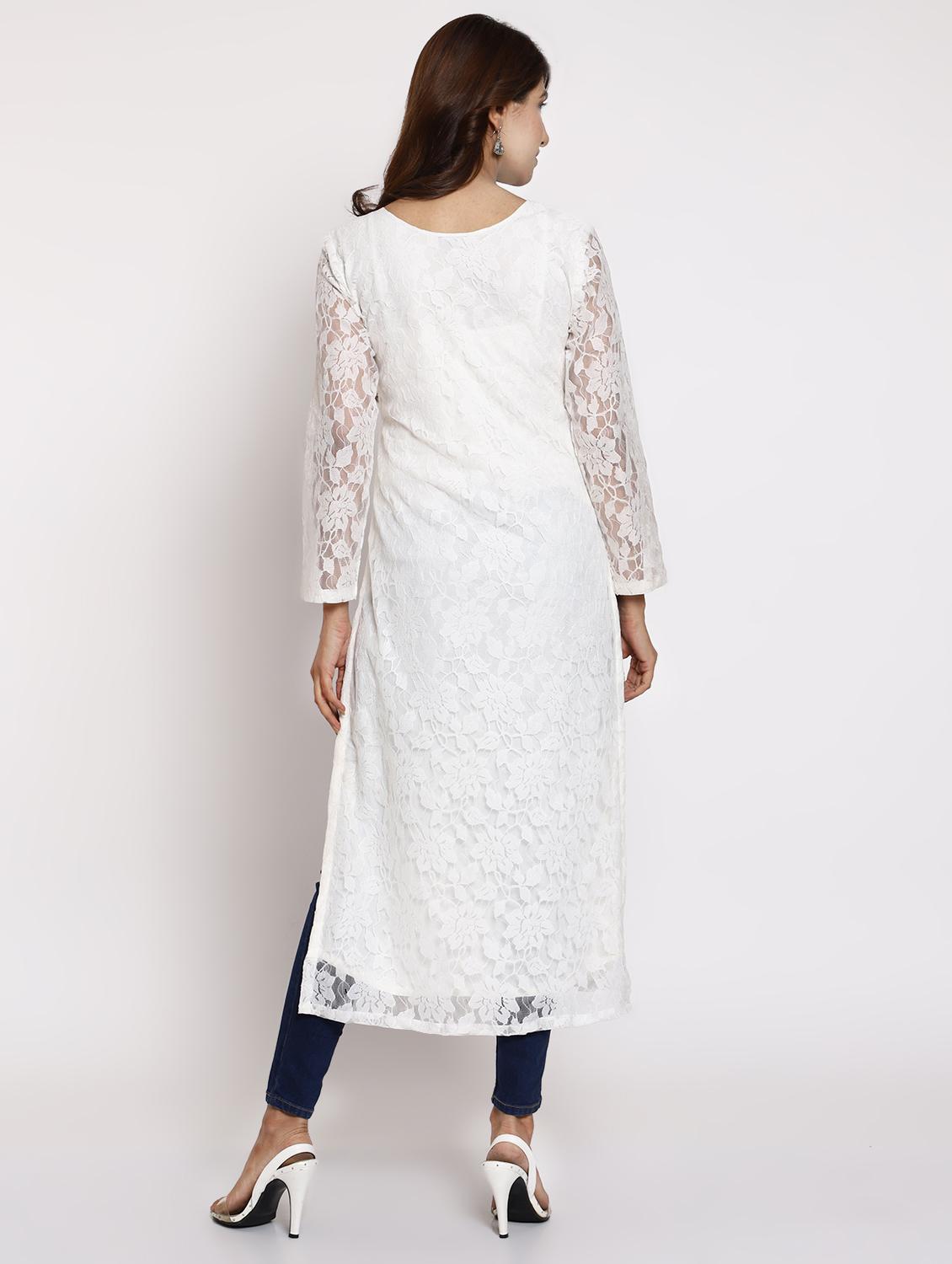 white solid straight kurta - 17595505 - Zoom Image - 3