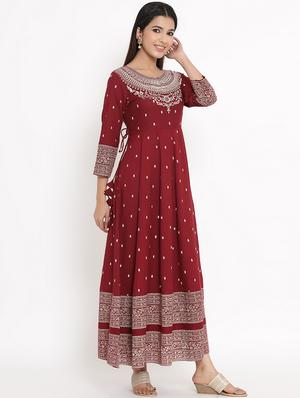 maroon rayon anarkali kurta - 17595972 - Standard Image - 2