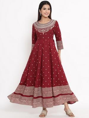 maroon rayon anarkali kurta - 17595972 - Standard Image - 4