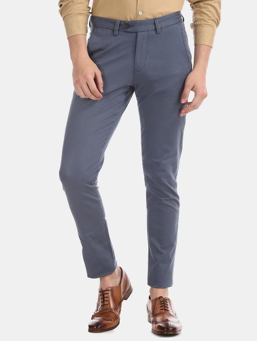 blue solid flat front casual trouser - 17597704 - Standard Image - 1