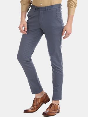 blue solid flat front casual trouser - 17597704 - Standard Image - 2