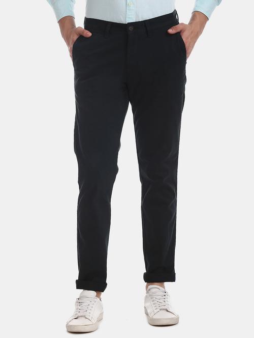 navy blue solid flat front casual trouser - 17597710 - Standard Image - 1