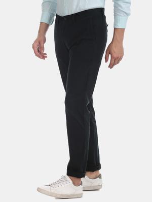 navy blue solid flat front casual trouser - 17597710 - Standard Image - 2