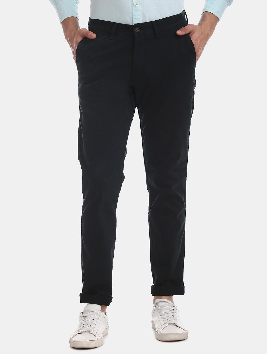 navy blue solid flat front casual trouser - 17597710 - Zoom Image - 1