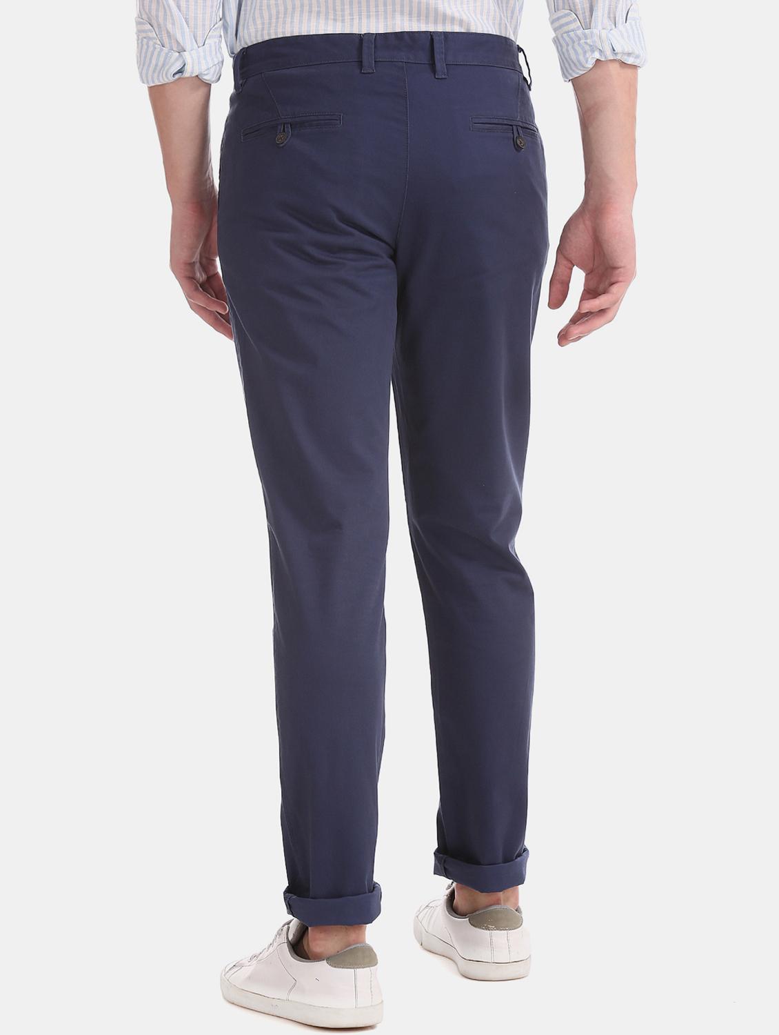 blue solid flat front casual trouser - 17597712 - Zoom Image - 3