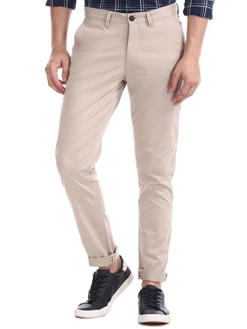 beige solid flat front casual trouser - 17597713 - Standard Image - 1