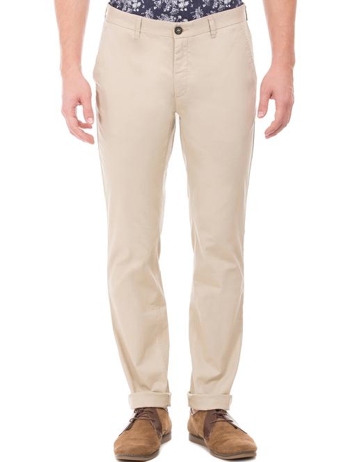 beige solid flat front casual trouser - 17597720 - Standard Image - 1