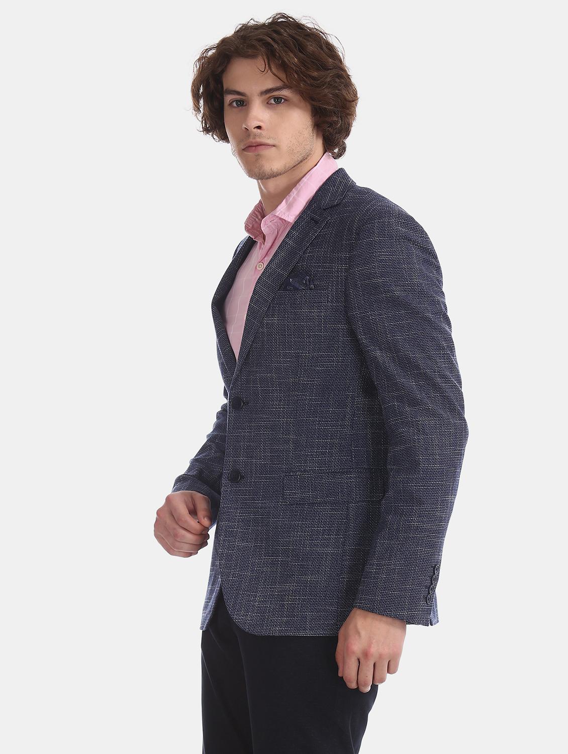 navy blue self design single breasted formal blazer - 17597864 - Zoom Image - 2