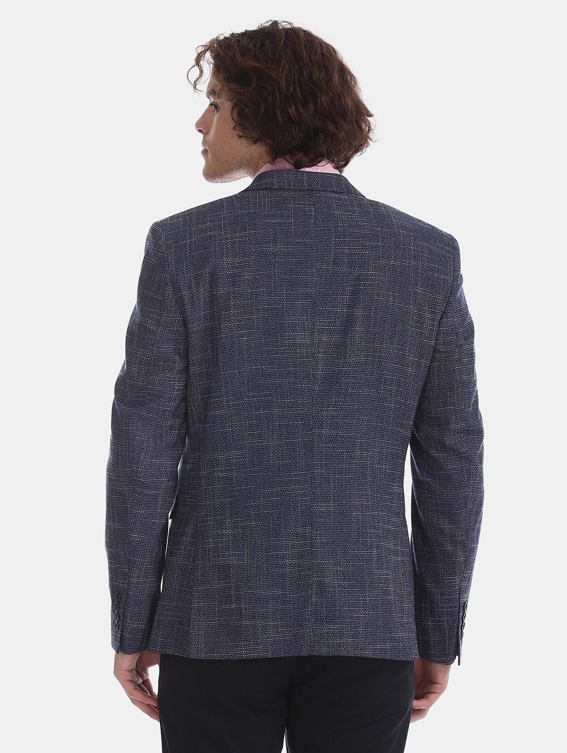 navy blue self design single breasted formal blazer - 17597864 - Zoom Image - 3