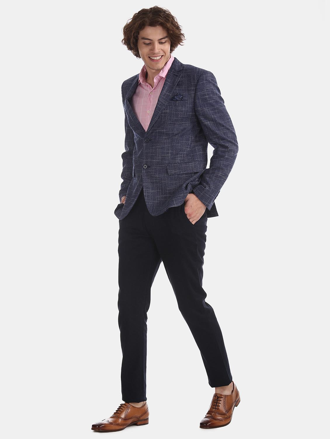 navy blue self design single breasted formal blazer - 17597864 - Zoom Image - 4