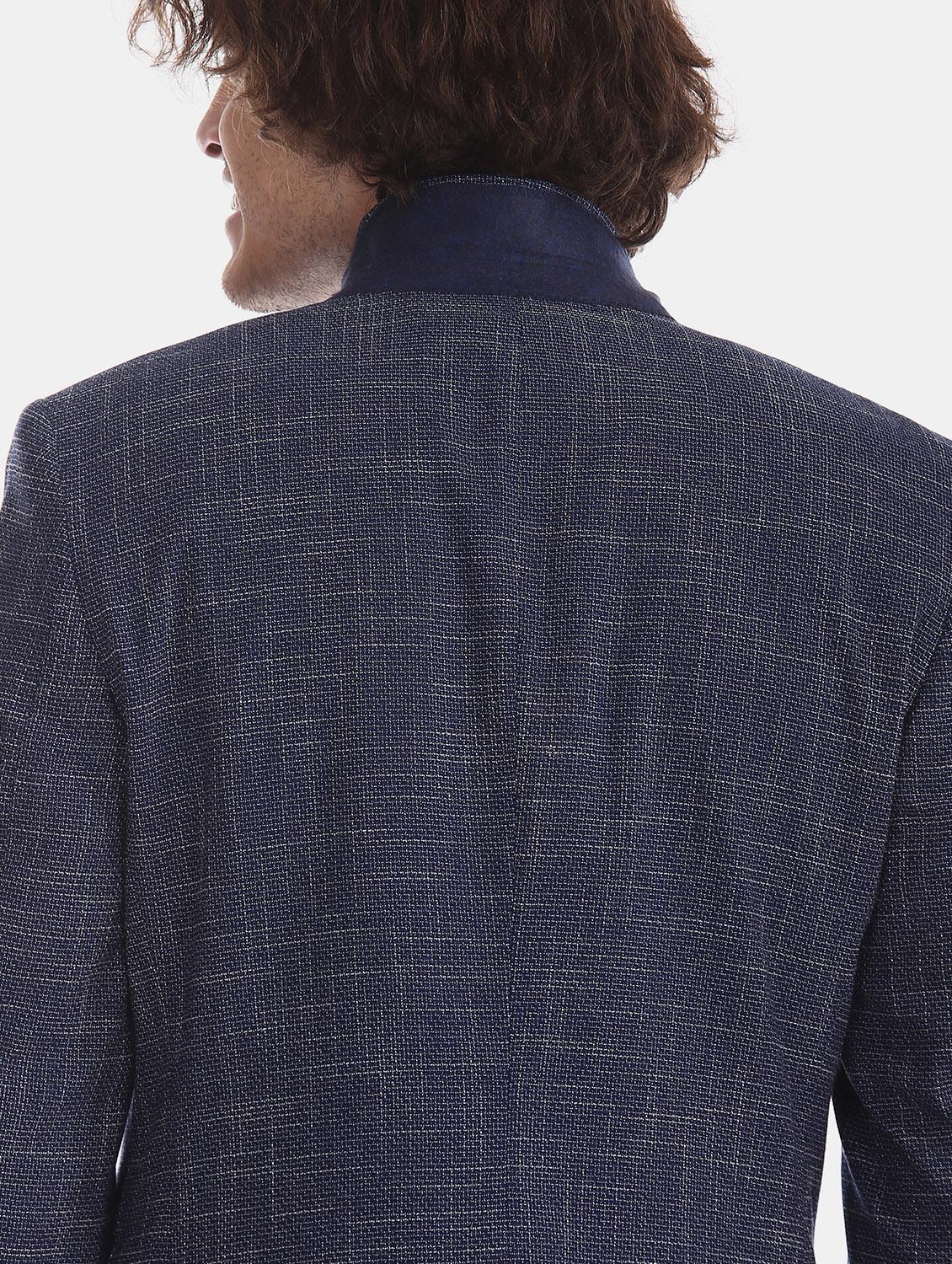 navy blue self design single breasted formal blazer - 17597864 - Zoom Image - 5