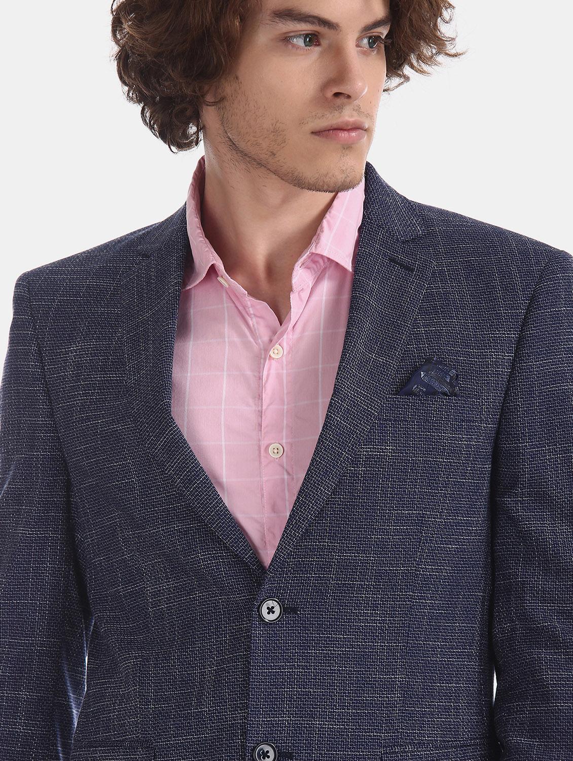 navy blue self design single breasted formal blazer - 17597864 - Zoom Image - 6