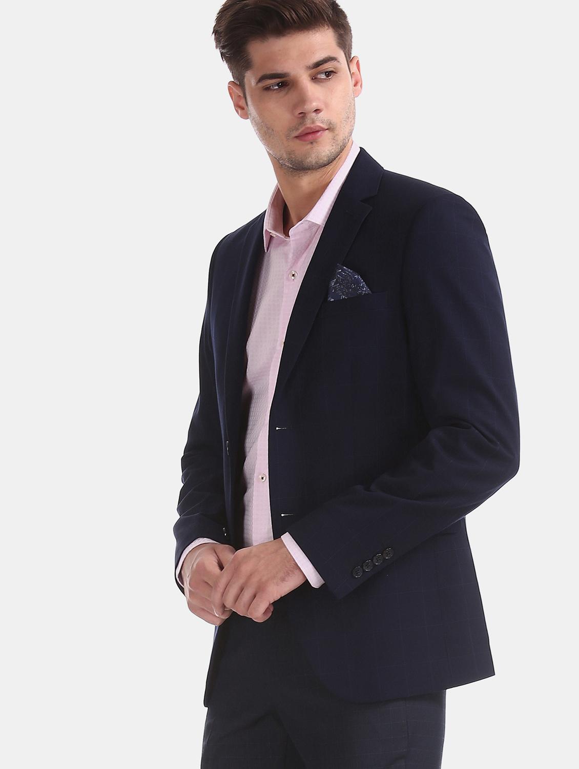 navy blue checkered single breasted formal blazer - 17597868 - Zoom Image - 2