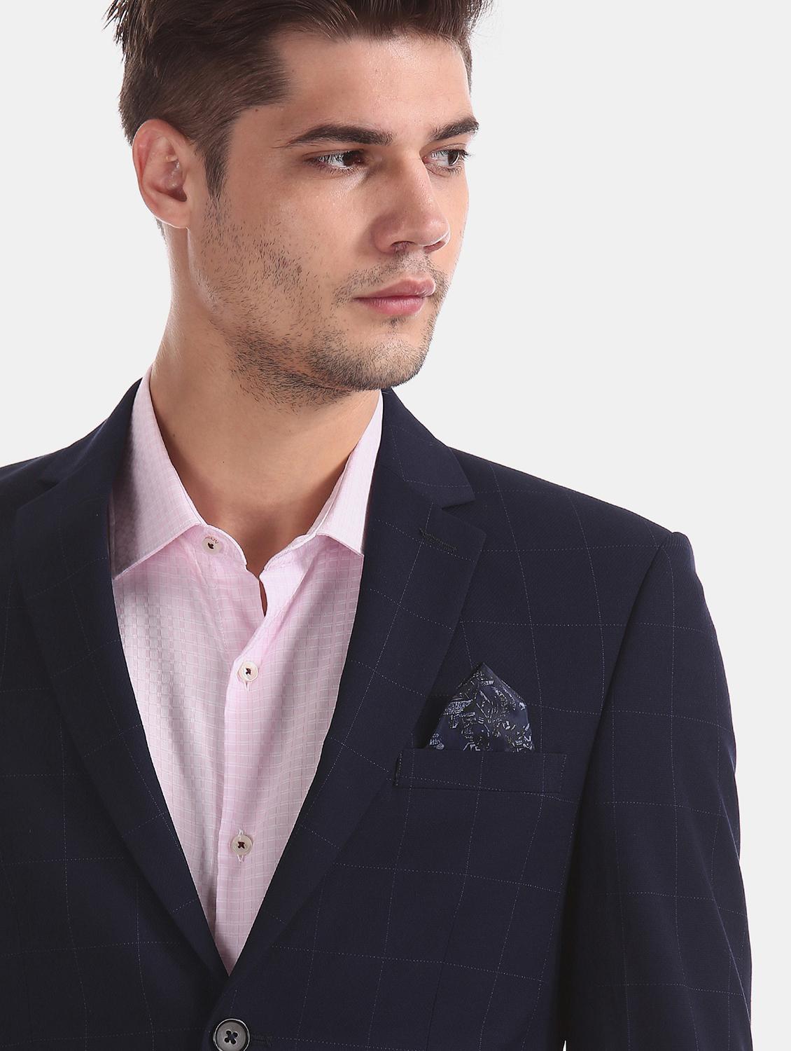 navy blue checkered single breasted formal blazer - 17597868 - Zoom Image - 6