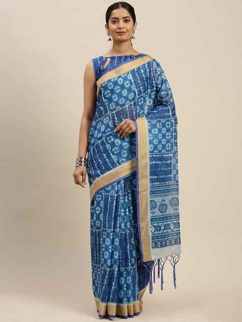 blue linen printed saree with blouse - 17599352 - Very Small Image - 1