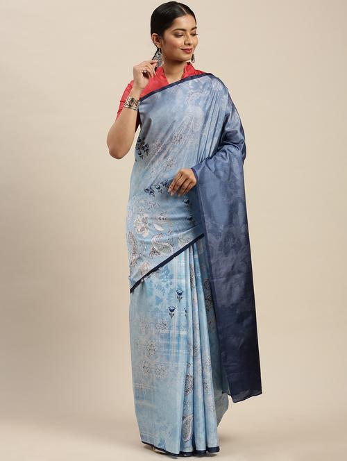 blue silk blend printed saree with blouse - 17599366 - Standard Image - 1