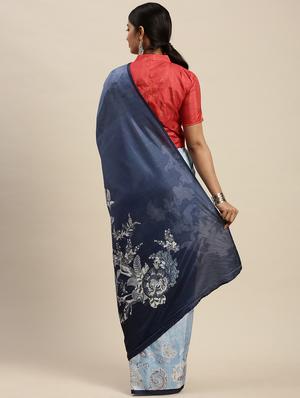 blue silk blend printed saree with blouse - 17599366 - Standard Image - 2