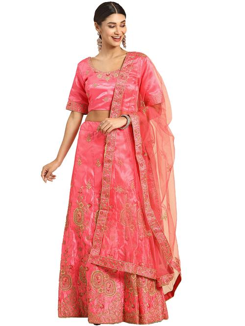 coral satin flared lehenga - 17601798 -  Standard Image - 0