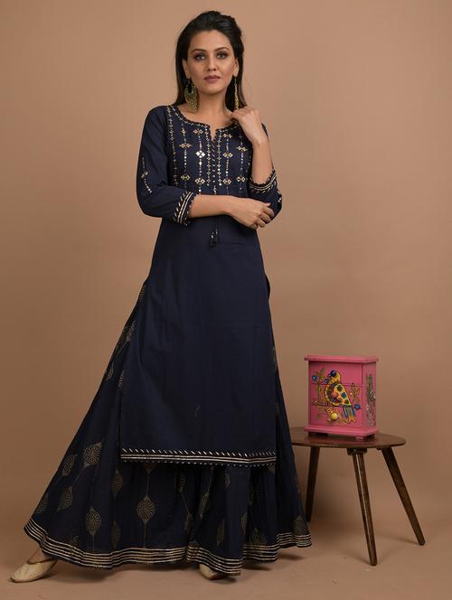 blue cotton kurta sharara set - 17602164 - Standard Image - 1